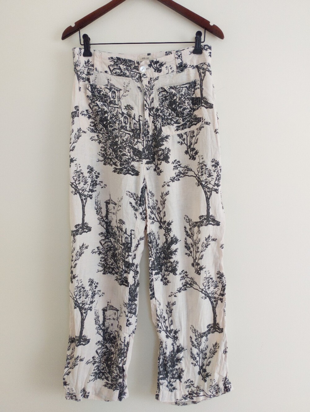 Joie 100% Linen Toile Print Wide Leg Ankle Pants Size 6 Black Cream Coastal